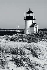 Brant Point Light Over Sand in Nantucket Harbor -BW